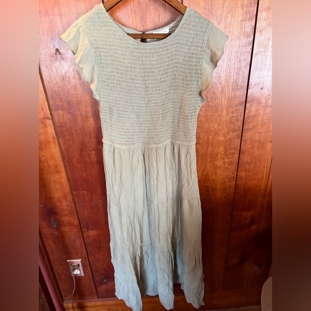 Olive colored dress, size Large. Rayon.